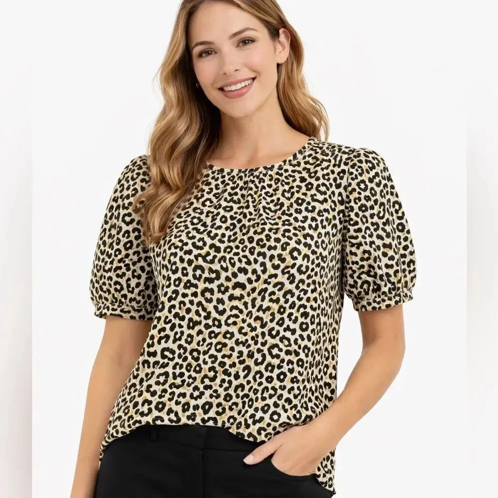 NWT J. Crew Leopard Print Puff Sleeve Top - Beige, Black